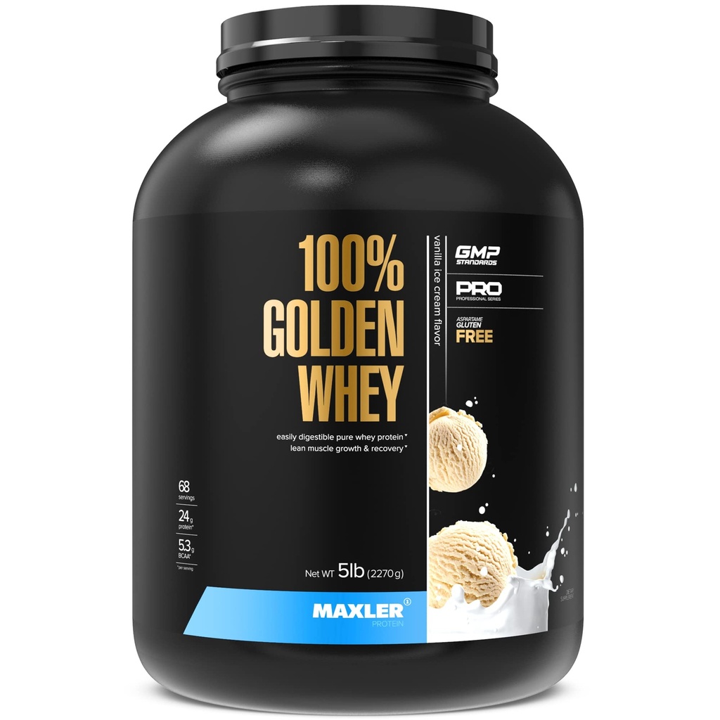 Maxler 100% Zlatá srsť Protein - 24 g proteínu na porciu - Premium Srvátka Proteín prášok pre pre post cvičenia - Fast-Absorbing Srvátkový koncentrát, Izolát a hydrolyzát Zmes - Vanilla Zmrzlina 5 lb