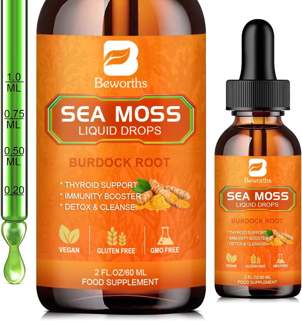 Sea Moss Liquid Drops - Organic Irish Sea Moss Raw Gel s Burdock Root, Tumerica, Spirulina, Seaweed Moss Gel Supplement for Gut Health & Antioxidant Supports - 2 Fl Oz