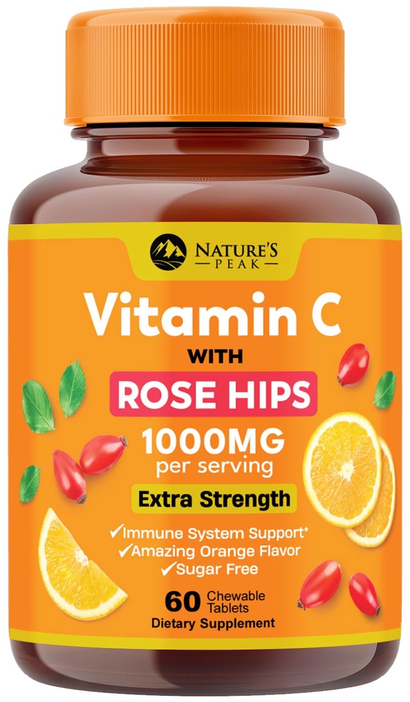 Vitamín C 1000mg Žuvacie doplnky - Extra sila Imunitná podpora Vitamín C Dietetický doplnok s Rose HIPS, Prírodné vitamínC Antioxidant podpora, prírodné, Vegan, Orange Flavor - 60 tabliet