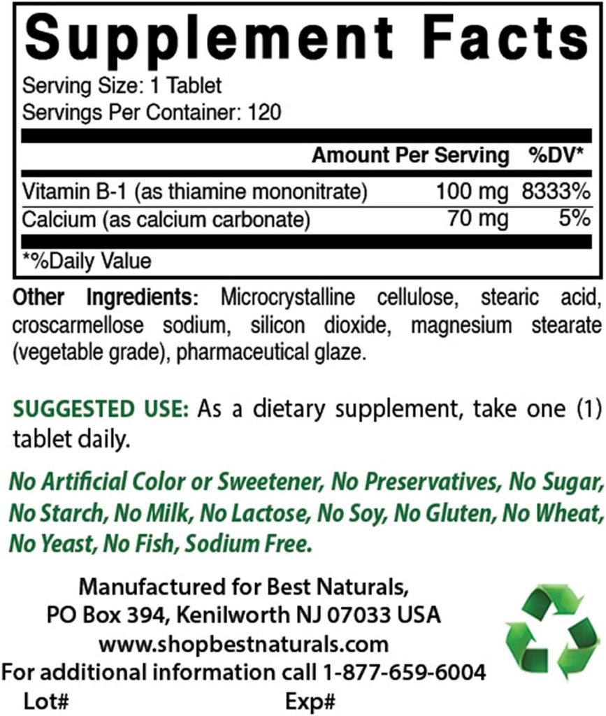 Najlepšie prírodné látky Vitamín B1 ako tiamín mononitrát 100 mg & vitamín B-6 25 Mg