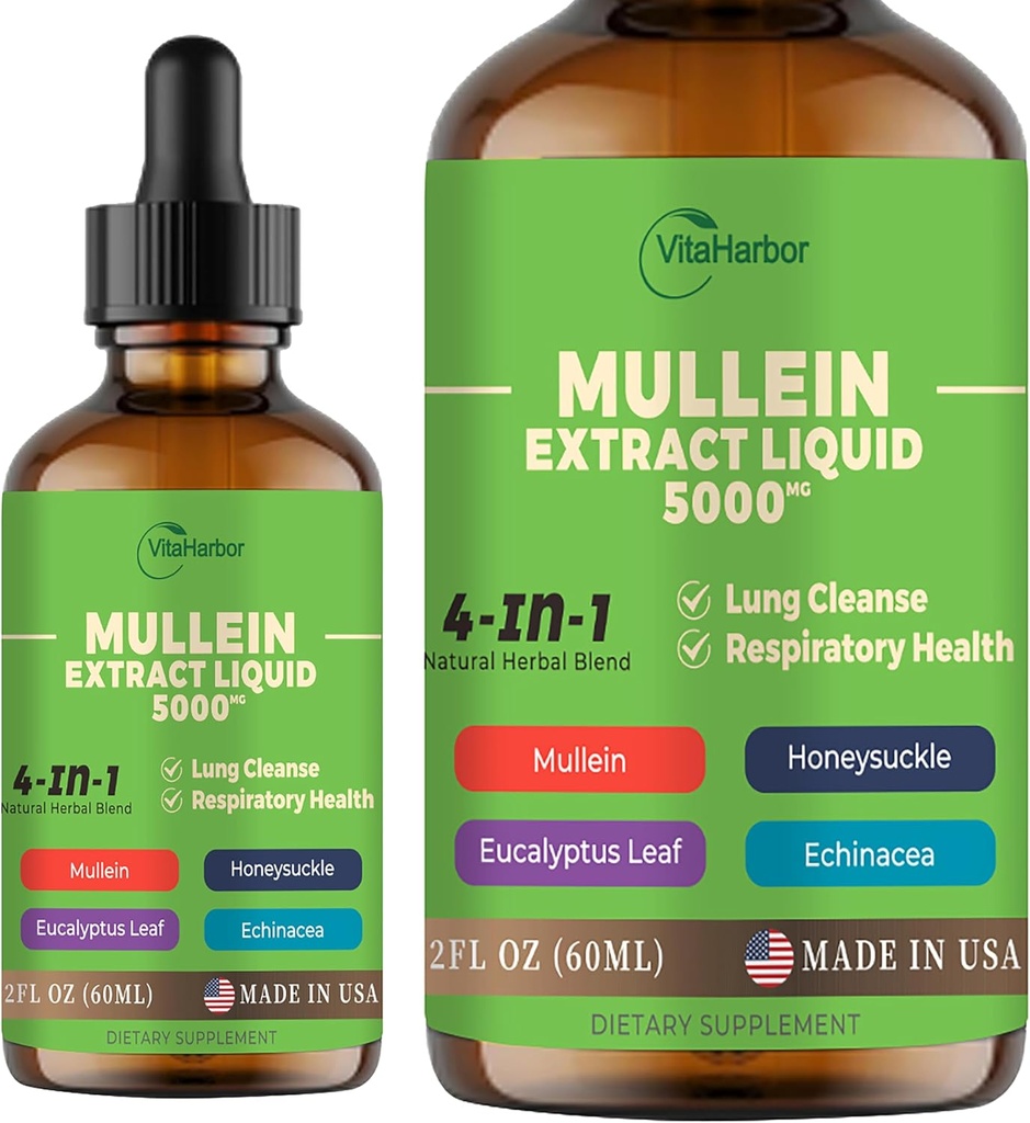 4-v-1 Mullein kvapky pre Pľúca, Organic Mullein Leaf & Honeysuckle & Eucalyptus Leaf & Echinacea Extrakty, pre Pľúcne čistenie, Immune & Respiration Support, Cukor-Free