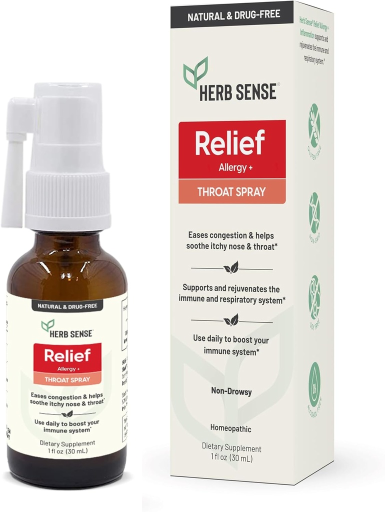 Herb Sense Alergie Relief, Krčná sprej, Chladenie a upokojenie, Denná podpora, Drug-free, Prírodné, Imunitná podpora, 1 oz, Gluten-free, non-GMO