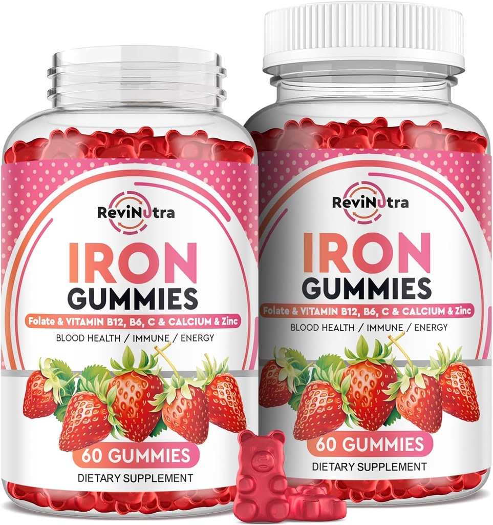 Železo Gummy - s vápnikom, zinkom, folátom a vitamínom B12, C, B6 pre dospelých a deti - Blood Builder & Energy Support for Iron Deficitability, Anémia, Vegan - 2 Balenie Jahodová príchuť,60 Gummies