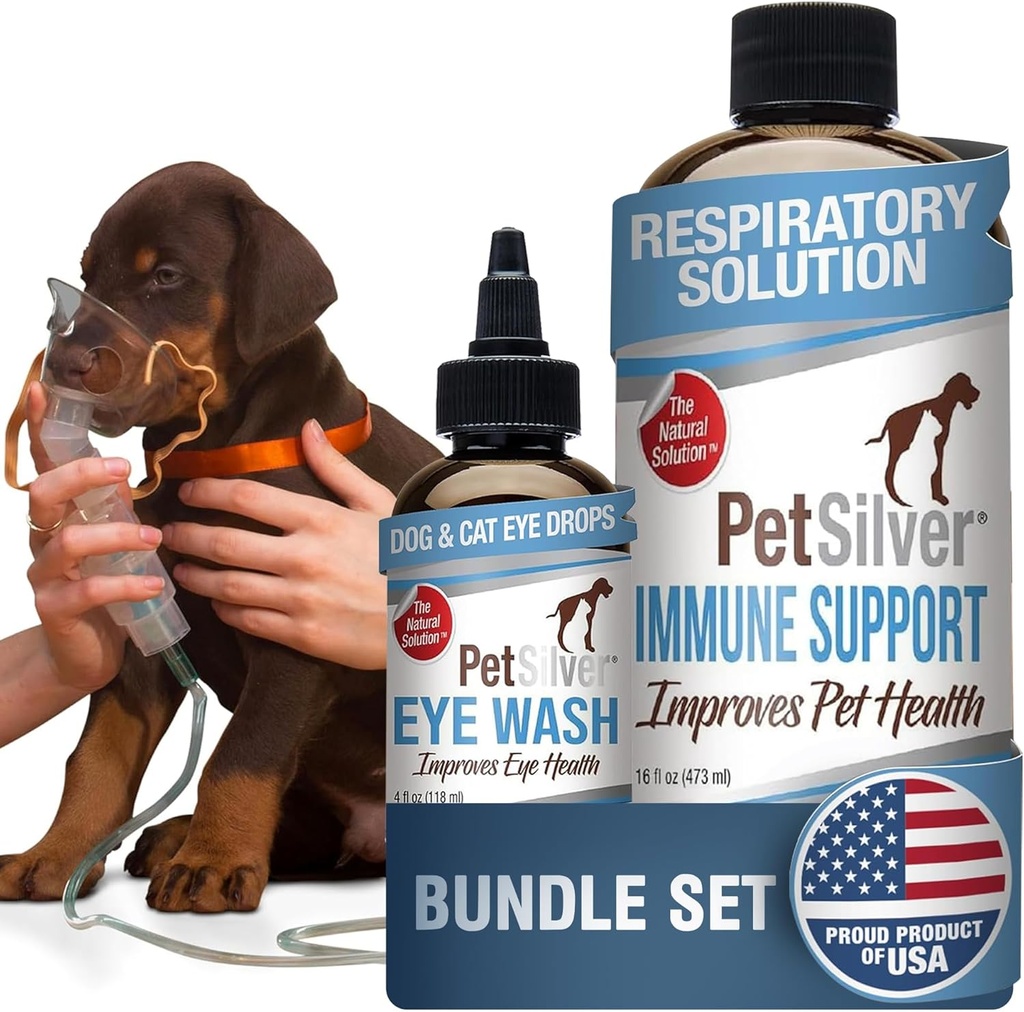 PetSilver - Immune Support (16 fl oz) and Eye Wash (4 fl oz) with Patented Chelired Silver - Allergies, Sinus & Cough Liečba - Eye Cleaner & Tear Stain Remover for Mačky a psy - Made in USA