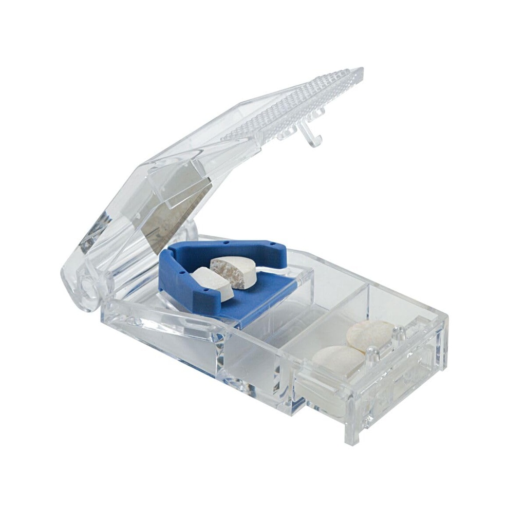 EZY DOSE Pilulka Cutter a splitter s zámkom, Reces Pills, Vitamíny, Tablety, Nerezová oceľ čepeľ, Cestovanie v size, Bezpečné rezanie pilulky a vitamíny, jednoduché použitie, Blue, BPA zadarmo