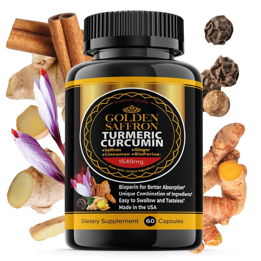 GOLDEN SAFFRON Turmeric Curcumin Supplement with Bioperine, Saffron, škorica, a zázvor - vysoká potencie, non-GMO, Gluten-Free Supplement for a Better Effectiveness. Vyrobené v USA