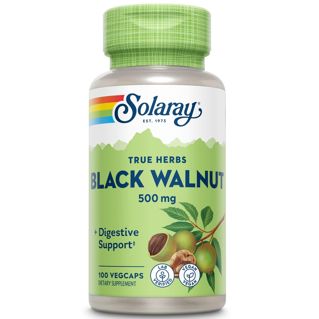 SOLARAY Black Walnut 500 mg - Celá Hull - Tradičná bylinná podpora Formula - Non-GMO Overené, Vegan, Lab Overené - 60-dňová záruka - 100 Servings, 100 VegCaps