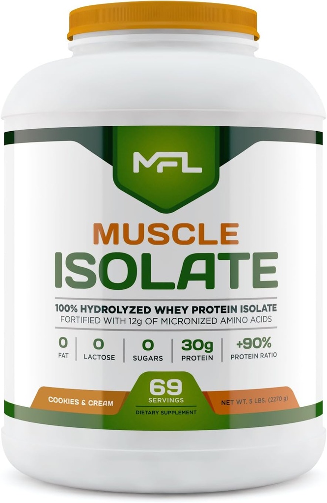 MFL 100% Izolačný proteín l 30g proteínu l 12g aminokyselín l Keto Friendly l Nízke sacharidy l 5 lbs. (Cookies & Cream)