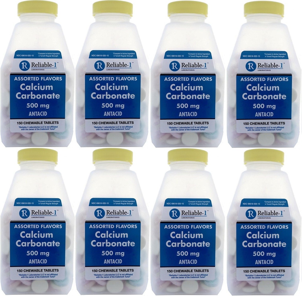 Vápnik 500 mg Generic pre cums Rôznorodé ovocie Ochutené žuvacie tablety Pravidelná sila Antacidum na kyslé tráviace ťažkosti, pálenie záhy, žalúdočný kal 150 žuvacích tabliet vo fľaši Balenie 8 tabliet