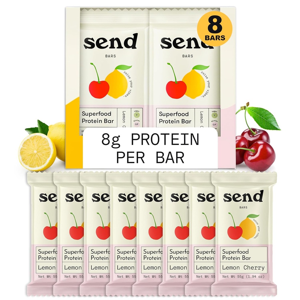 Poslať Bary Plant-Based Vegan Healthy Protein Bars, S zelenými (Lemon Cherry, 8 Bars)