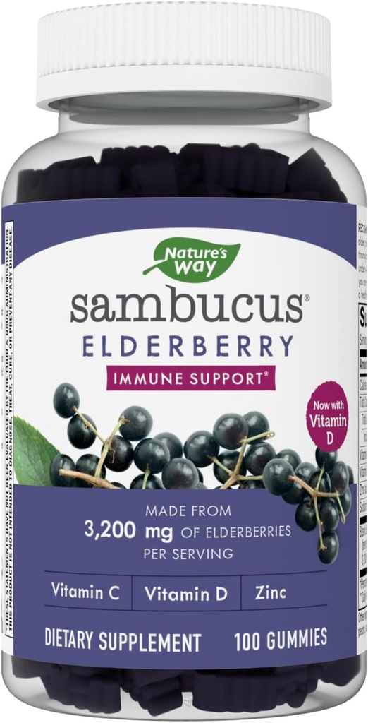 Nature's Way Sambucus Elderberry Gummies - Immune Suplement for Kids & Adults* - With Vitamins C, D3, Zinok & Antioxidant Support* - Gluten Free & Vegetarian - 100 Gummies
