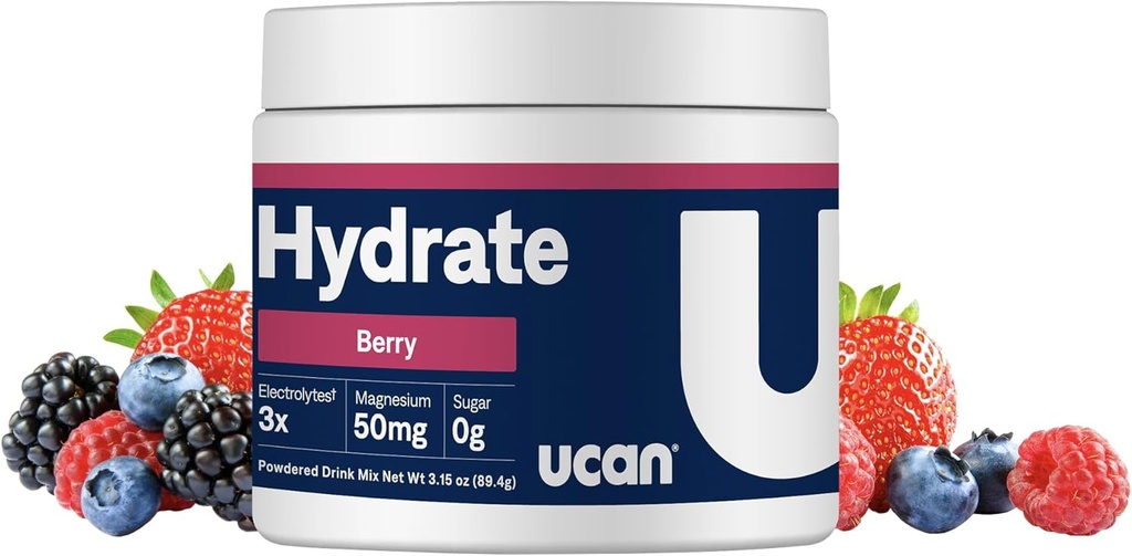 UCAN Hydrate Electrolyte Drink Mix (Berry, 30 Servings) Bez cukru, Keto-Friendly, Vegan, Non-GMO, Gluten-Free Elektrolyte prášok s draslíkom a horčíkom pre bežcov a športovcov