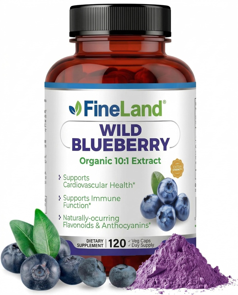 FineLand Wild Blueberry 10:1 Extract, 6,000 mg Sila, 120 Vegan Kapsule, Bohaté na flavonoidy a antokyaníny, Antioxidant Podpora pre zdravie mozgu a srdca, 4-Mesačné zásobovanie, Non-GMO vyrobené v USA
