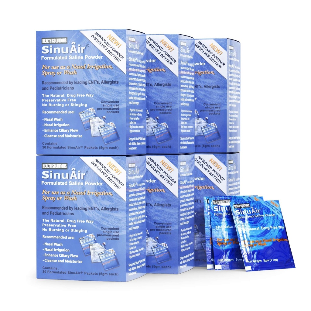 SinuAir Sinus Rinse Salt Solution - Saline Powder for SinuPulse System, Neti Pot Flush, Nosal Wash Squeeze Bottle, & Nose Irrigation, Enhanced Formulation & Cleaning for Sinuss, 180 paketov