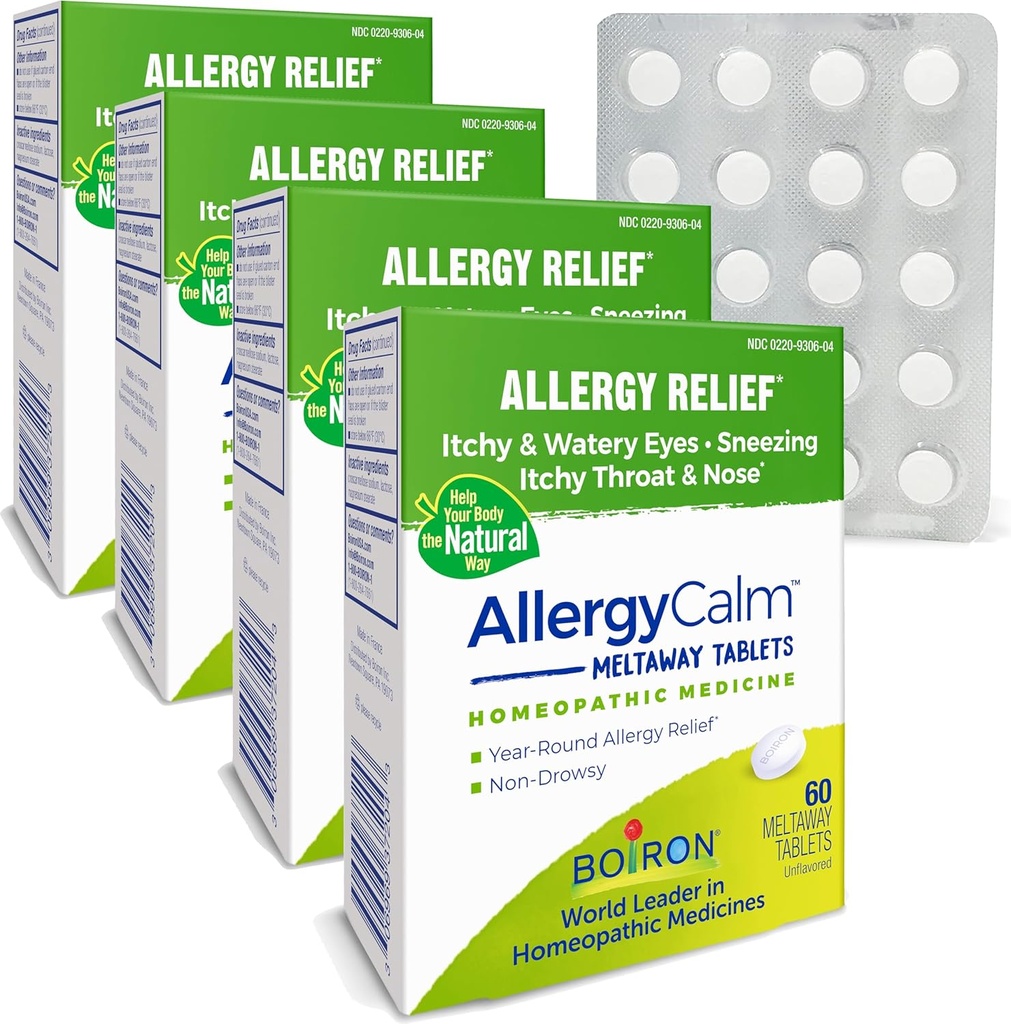 Boiron AllergyCalm Tablets 240 Count, Relief from Allergies and Hay Fever Symptoms of Sneezing, Runny Nose, Itchy Eyes, Throat, Allergy Calm Tabs (Formerly RhinAllergy) (Pack of 4 60ct Boxes)