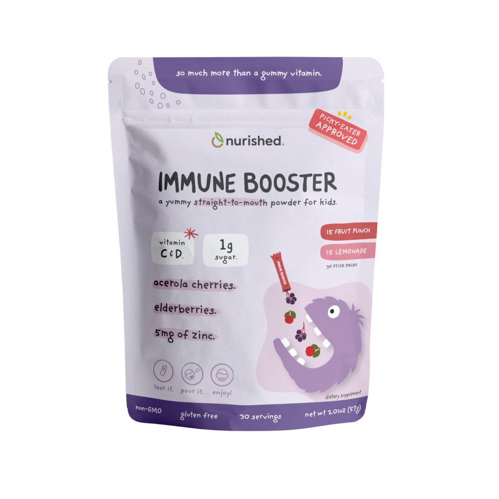 Deti Imunitný posilňovač s bazami, acerola čerešňa, zinok, vitamíny C & D - rovno-k-muth prášok - 30 porcií - 2 chute