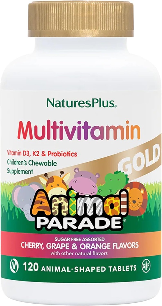 NaturesPlus Animal Parade Gold Detský multivitamín - rozmanité Cherry, Orange & Grape flavors - 120 Žuvacie tablety pre zvieratá, balenie 3 - Vegan, bez lepku - 180 Celkové služby