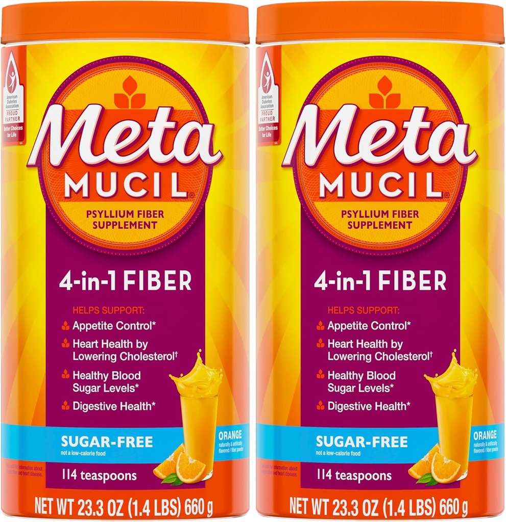 Metamucil, Daily Psyllium Husk prášok Supplement, Supplement, Sugar-free prášok, 4-v-1 Fiber for Digestive Health, Orange Ochutený nápoj, 114 lyžičiek, 1,4 libra (Stock of 2)