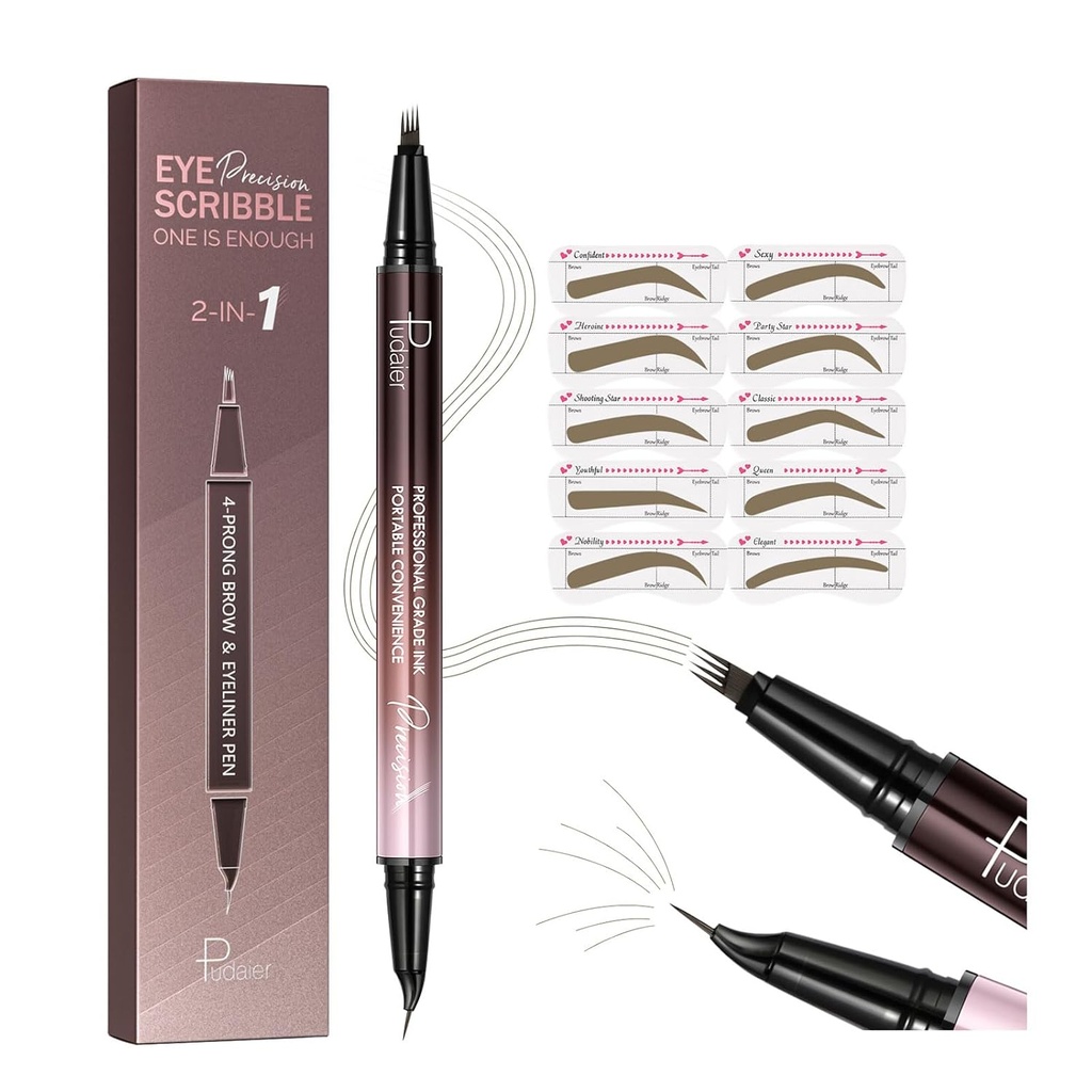 Pudaier 2-in-1 Zakrivené pero na obočie a očné linky s 10Pcs Obočie Stencils, Microblading Obočie Ceruzka, vodotesné & Dlhé Trvanie, hľuzovka