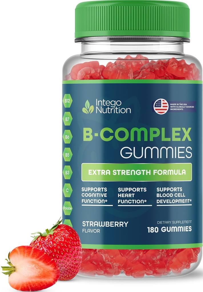 Vitamín B komplex Gummy pre dospelých, B komplexné vitamínové doplnky pre ženy a mužov, B vitamínový komplex Gummy pre energiu a zdravie mozgu, prírodná jahodová chuť, 180 grófov