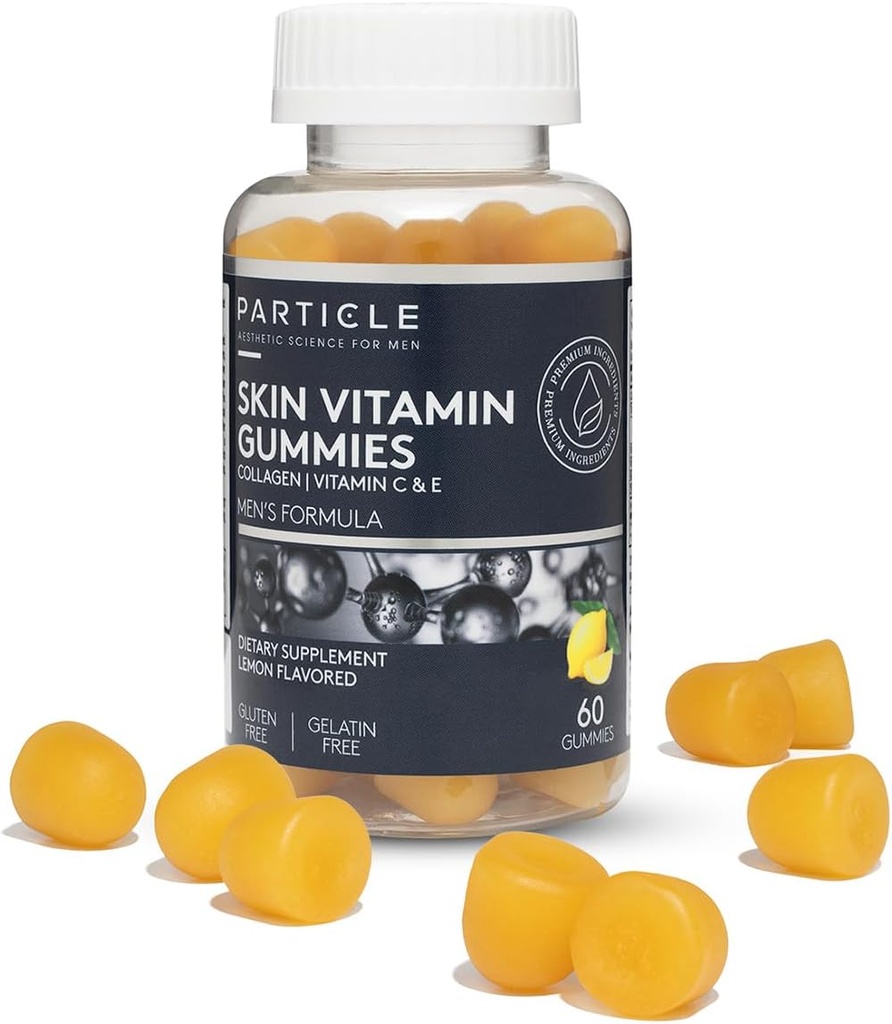 Časticové kožné vitamíny Gummies, Gluten Free Daily Supplement for Healthy Skin Support, Pánske doplnky vyrobené s vitamínom C, kolagén, biotín a zinok, citrónová príchuť, 60 Gummies, 1 mesiac dodávky