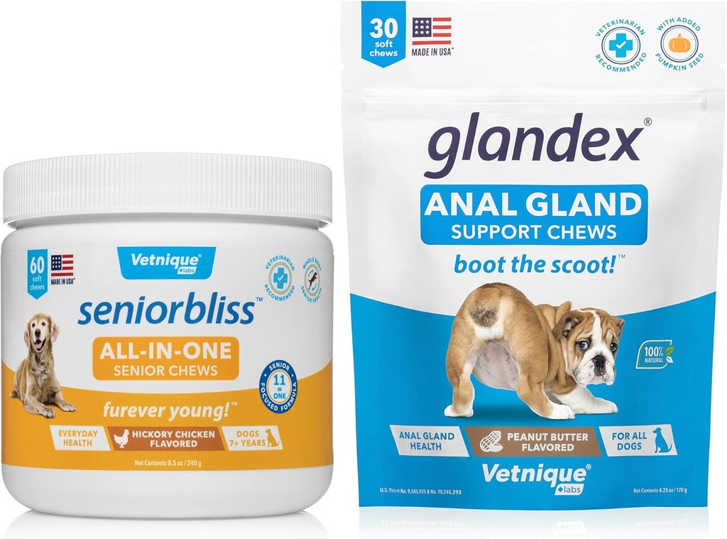 VETNIQUE Seniorbliss All-in-One Multivitamínové žuvačky pre staršie psy (60ct) a Glandex Anal Gland Support Arašidové maslo mäkké žuvačky pre psy (30ct)