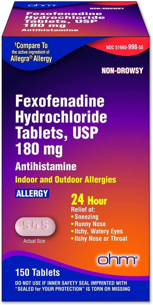 Ohm Allergy Medicine Fexofenadine 180mg - 24 Hour Relief for Sneezing and Allergy Symptoms, Non-Drowsy - 24-Hour Antihistamine Tablets for Effective Relief - 150 Count (Single Pack)