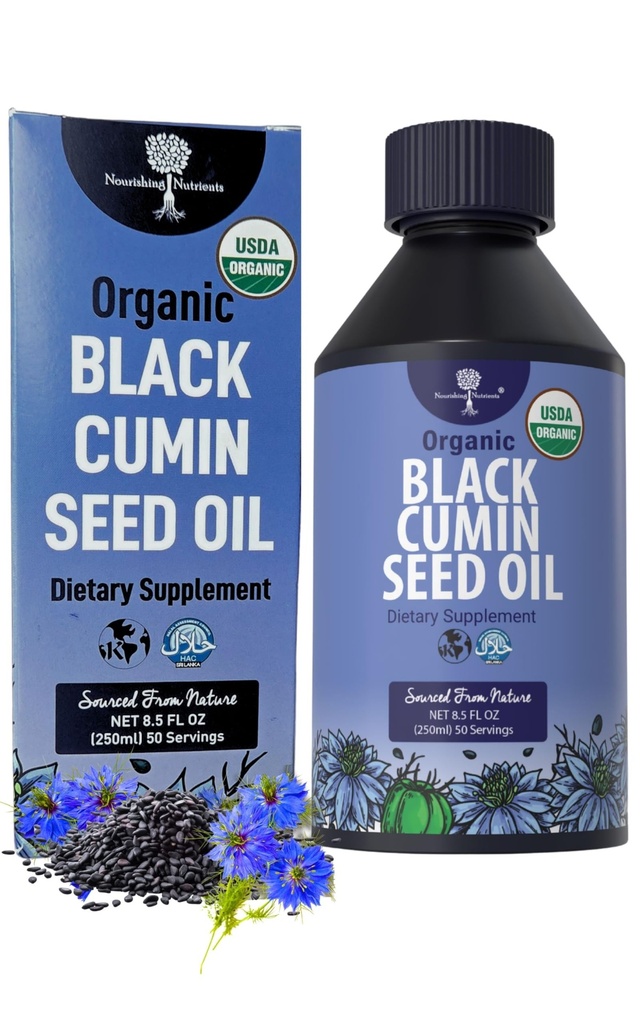 Organic Black Cumin Seed Oil-USDA-Cold lisované až 6X silnejší Thymochinón- Pure Nigella Sativa Cumin Seeds - Premium Supplement for Immune Support, Antioxidant, upokojujúce, koža a vlasy (8.5 oz)