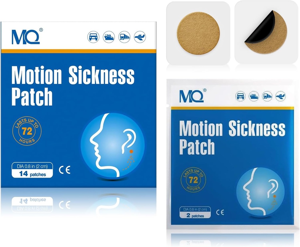 MQ 14ct Motion Sickness Patches Non Drowsy, Sea Sickness Patches for Cruise Travel Essentials, Waterproof Patch Behind Ear for Car Airplane Altitude Sickness, Long Last 72H