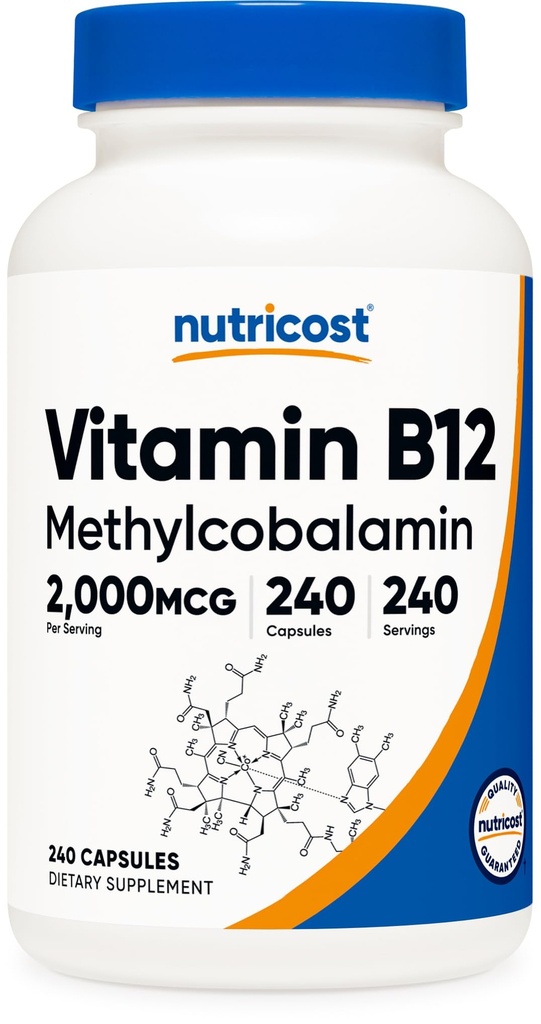 Nutricost Vitamín B12 (metylkobalamín) 2000mcg, 240 kapsúl - Vegetariánske viečka, non-GMO, bezlepkový doplnok B12