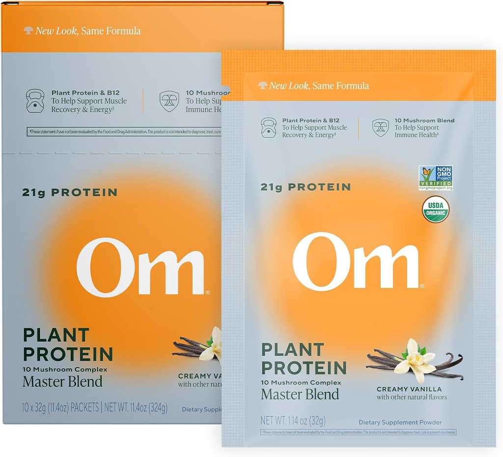 Om Master Blend Vegan Protein Powder, Vanilla, 21g rastlinného proteínu - Organické Huba doplnok s 10 Huba komplex, Ashwagandha, BCAA a vitamín B12 - Single Serve (10 Počet)