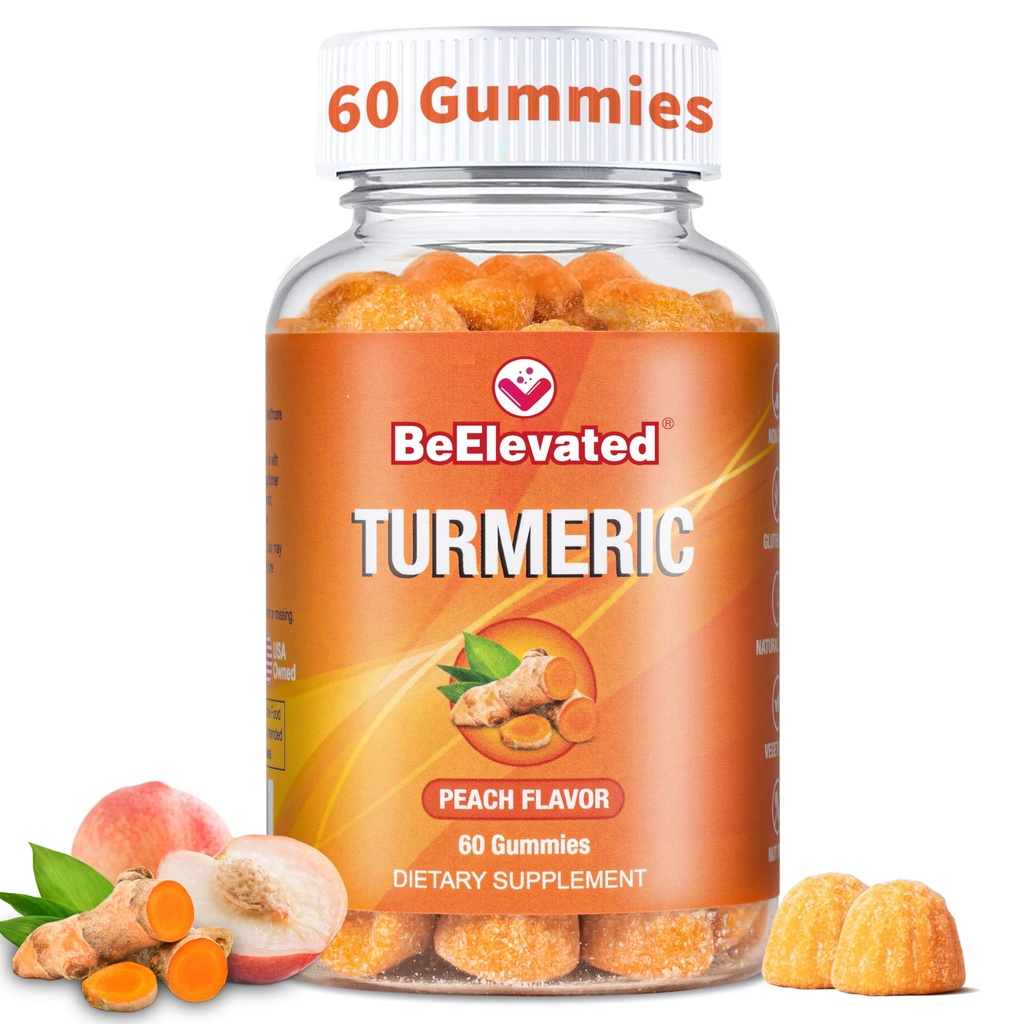 Curcumin Turmeric Gummies – Turmeric Extract and Ginger Supplement Gummies – Vegan, Non-GMO, with Black Pepper – 60 Count – Peach Flavor – 30-Day Supply