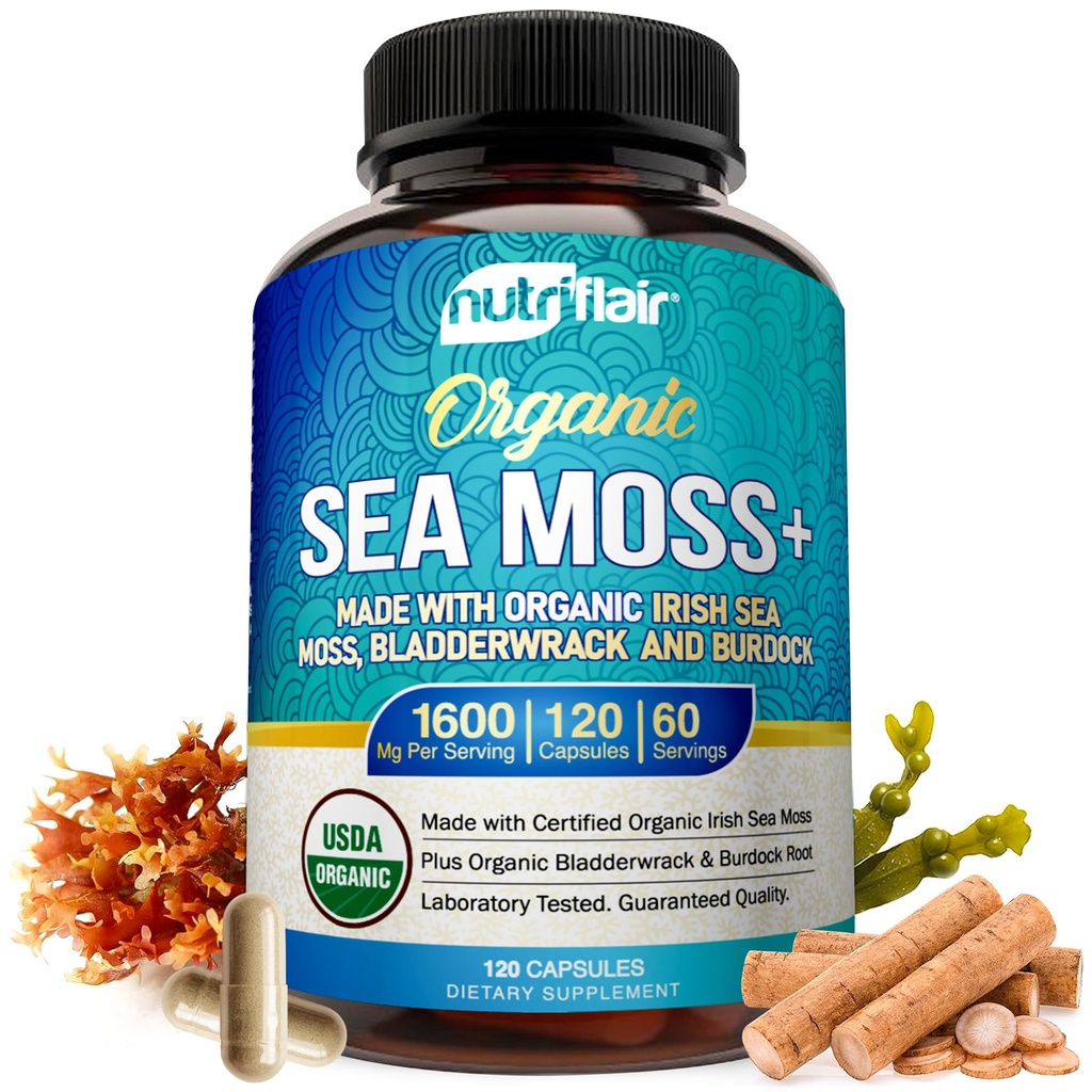 NutriFlair Organic Sea Moss 1600mg, 120 Kapsule Plus Bladderwrack & Burdock - Prebiotic Super Food - Imunitný systém a trávivé zdravie - štítna žľaza, zdravá koža, Keto Detox, Gut