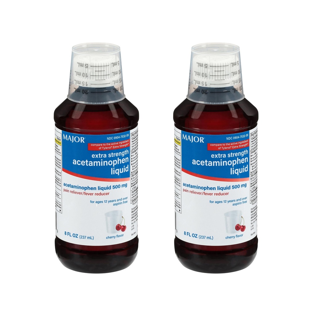 MAJOR dospelý Extra sila Tekutý acetaminofén 500mg - Pomáha uľaviť bolesti a znížiť horúčky - aspirín bez - Cherry chuť - 8 Fl Oz (2 balenie)