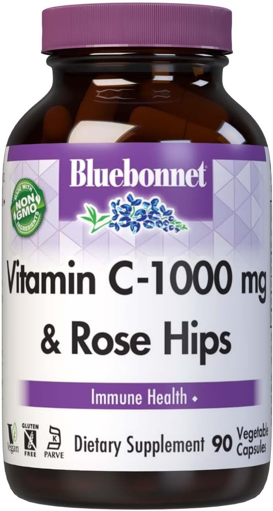 Bluebonnet Nutrition Vitamín C-1000 mg Plus Rose HIPS Zeleninové kapuly, pre imunitné zdravie, pre antioxidačnú ochranu, bez sóje, bez lepku, non-GMO, Kosher, bez mlieka, Vegan, 90 gróf