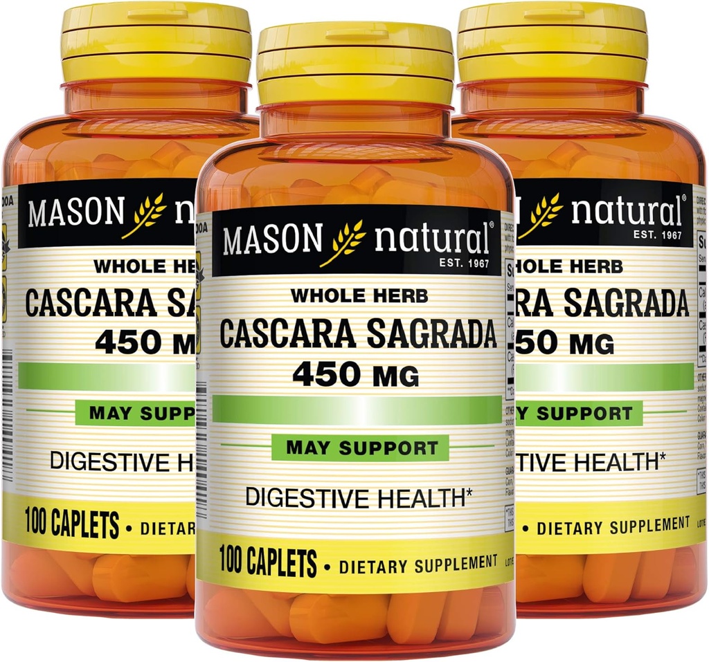 Mason Natural Cascara Sagrada 450 mg, Bylinné doplnky pre normálne trávenie funkcie podpora, 100 Caplets (Pack of 3)