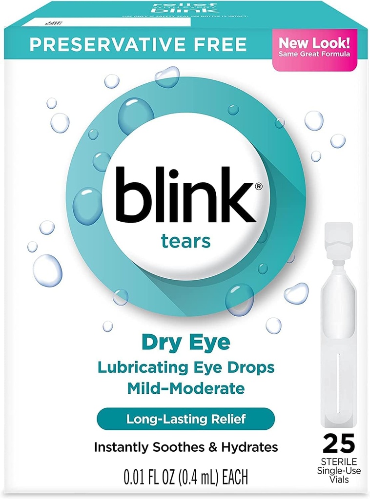 Blink Tears Mazanie očné kvapky Mierne moderné suché oko, 25 Počet - 0,01 oz (4 balenia)