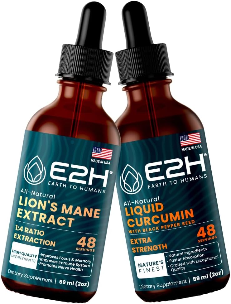 E2H: Lion's Mane for Mental Clarity & Immunity, Liquid Turmeric for Joint Support | Vegan, Non-GMO - 2 Fl Oz Each (4 Fl Oz Total) - Bundle