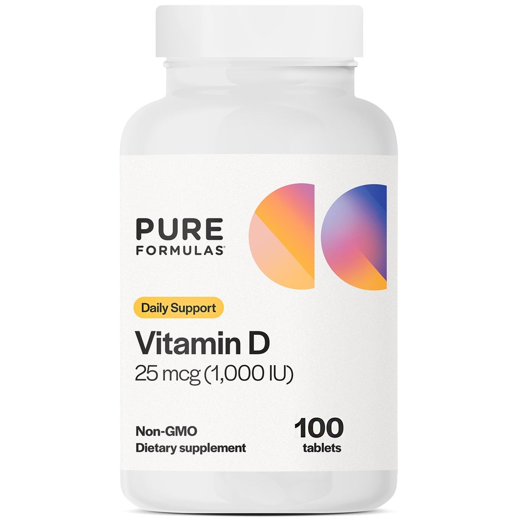 PureFormulas Vitamín D3 1000 IU 25 μg - Premium Vitamín D doplnok pre zdravú tvorbu kostí, zuby, kardiovaskulárne zdravie a imunitnú podporu Non-GMO - 100 počet tabliet