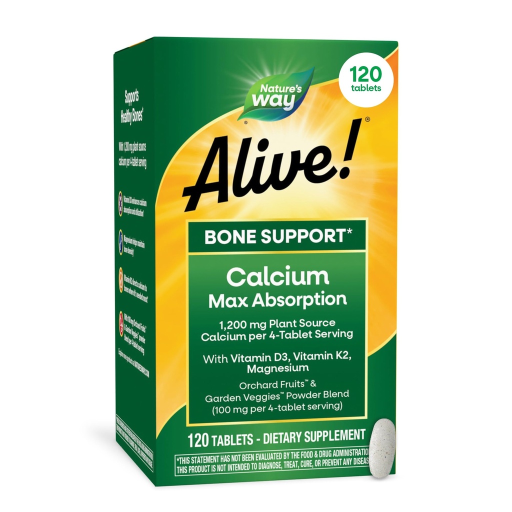 Príroda žije! Vápnik Max Absorpcia, Bone Support*, Rastlinný zdroj Vápnik, Vitamín D3 & K2, Horčík, 120 tabliet (Backaging May Vary)