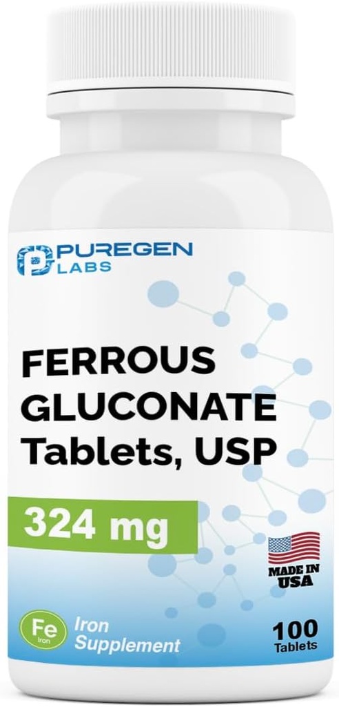 Puregen Labs Ferrous Glukonát 324 mg [Vysoká potencia] Železo Supplement, jemne na žalúdku - 100 tabliet