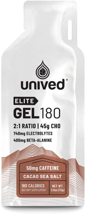 Univened Elite Gel 180-2:1 Pomer jednoduchých a komplexných  Carbs s Beta Altanine & Essential Electrolytes - pre Endurance Athletes Runners & Cyclists -180kcal - Cocoa Sea Salt - 50mg kofeín - balenie 6