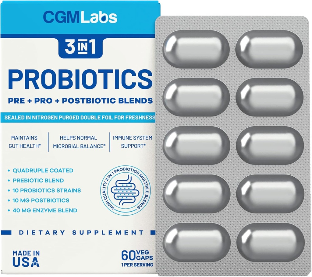 Probiotiká 3 v 1 - Prebiotiká + probiotiká + Postbiotiká Všetci v jednom! Dusík vyčistený, individuálne balený v dvojvrstvovom blistri pre čerstvosť - 60 Veg caps od CGM Labs