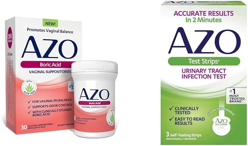 AZO Boric Acid Vaginal Suppositories Helps Support Odor Control and Balance Vaginal PH, 30 Count Urinary Tract Infection (UTI) Test Strips, Accurate Results in 2 Minutes, 3 Count