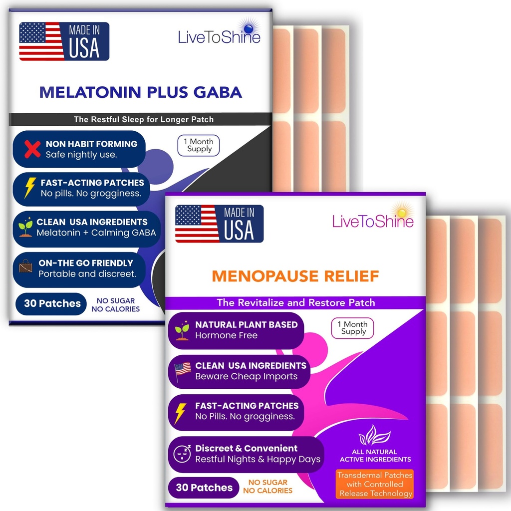 Menopauza Relief a Melatonin Sleep Patch Bundle - 2 balenia - Hot Flash, nočné potenie, Mood Swings Relief Plus Restful Sleep Patches - 30 Day Supply per Pack (60 Patches) - USA Vyrobené životom do žiary