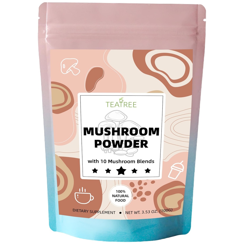 10 Huby extrakt prášok, Huby Supplement Blend for Coffee, Nápoje a smoothies, Natural Focus, Energy & Immune Suplement - 3.53 oz / 100g