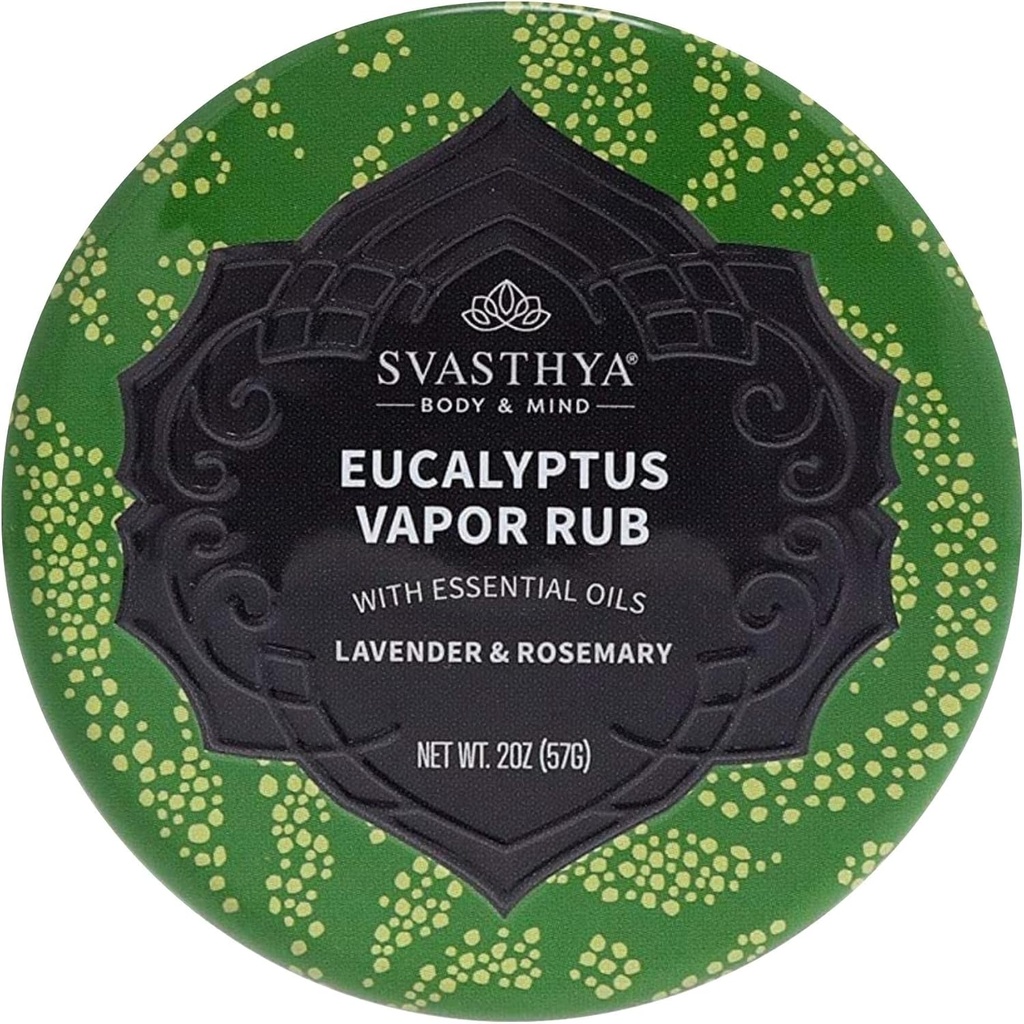 Svasthya Body & Mind Eucalyptus Vapor Rub - Otvorí nosové pasáže a hydratuje pokožku, kašeľ, prázdnu nosnosť a kongesciu úľavu, olivový olej, včelí vosk, levanduľa, rozmarín - Vyrobené v USA, 2oz