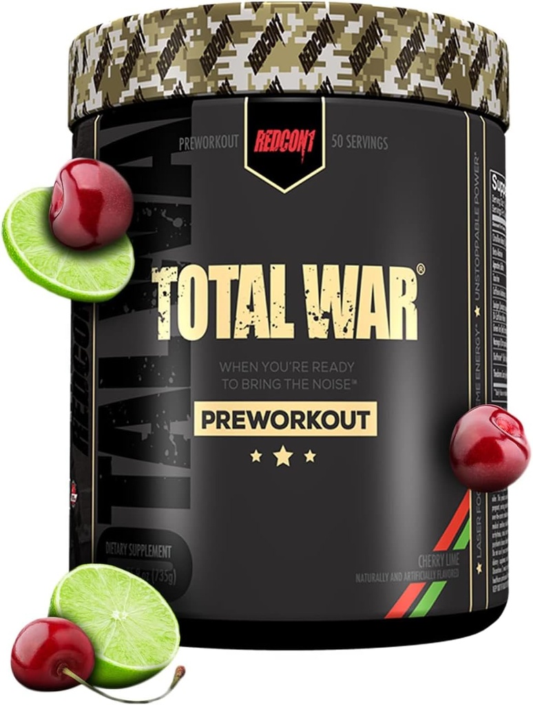 REDCON1 Total War Pre Cvičenie, Cherry Lime - Beta Alanyne + Citruline Malate Vegan & Keto Friendly Preworkout pre mužov a ženy s 320 mg kofeínu (50 Servíry)