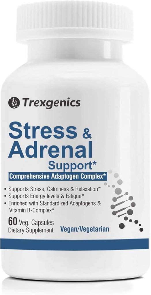 Trexgenics Advanced Stress & Adrenal Support 5X ADAPTOGENS Ashwagandha, Rhodiola, Bacopa Bacosides, Panax Ginseng & Maca + B- Complex [60 Veg Capsules]