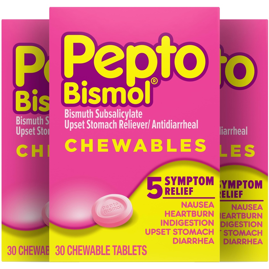 Pepto Bismol Žuvacie tablety na nevoľnosť, pálenie záhy, poruchy trávenia, žalúdočné ťažkosti a úľavu od hnačky, pôvodná chuť, 90 celkom (3 balenia po 30)